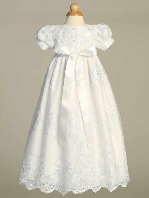 Baby Girls White Embroidered Tulle Sequin Bonnet Miriam Christening Gown 0-18M - SophiasStyle.com