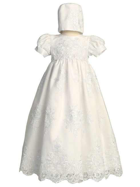 Baby Girls White Embroidered Tulle Sequin Bonnet Miriam Christening Gown 0-18M - SophiasStyle.com