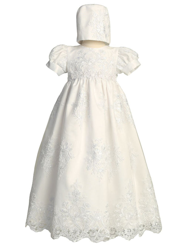 Baby Girls White Embroidered Tulle Sequin Bonnet Miriam Christening Gown 0-18M - SophiasStyle.com