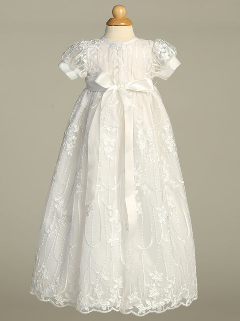 Baby Girls White Embroidered Tulle Sequin Bonnet Nicole Christening Gown 0-18M - SophiasStyle.com