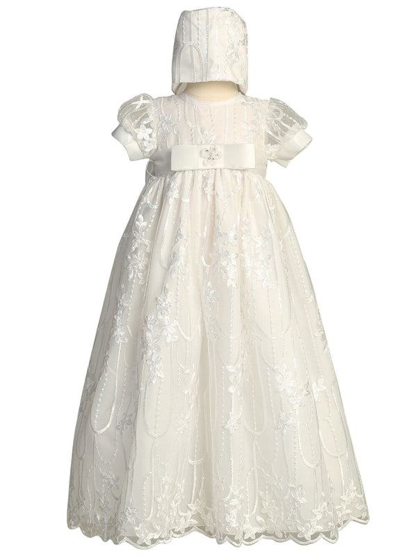 Baby Girls White Embroidered Tulle Sequin Bonnet Nicole Christening Gown 0-18M - SophiasStyle.com