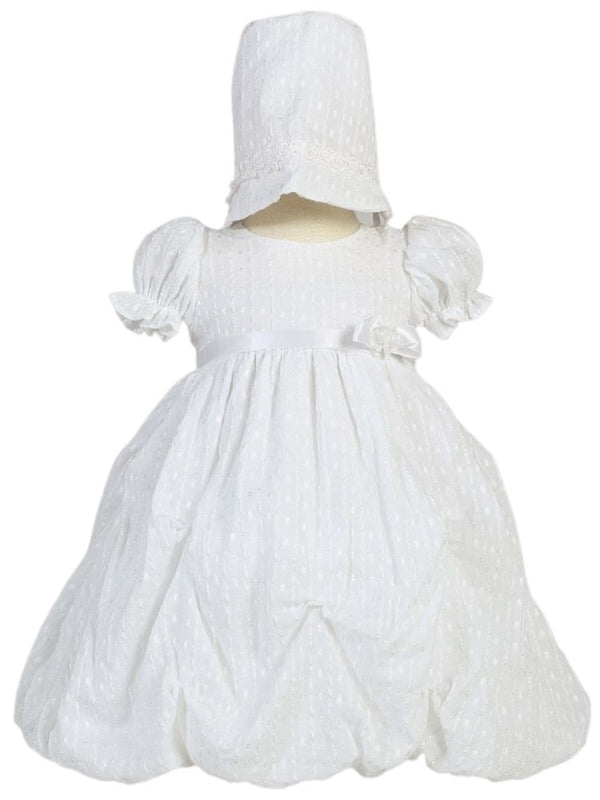 Baby Girls White Poly Cotton Jacquard Gathered Christening Dress Bonnet Set 3-18M - SophiasStyle.com