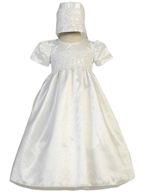 Baby Girls White Embroidered Lace Trim Diamond Mesh Christening Bonnet Dress 12-18M - SophiasStyle.com