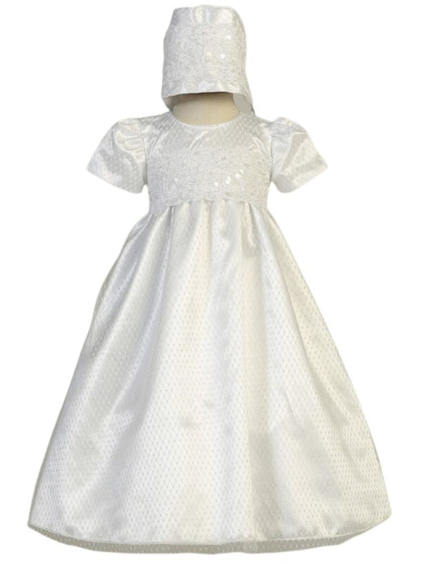 Baby Girls White Embroidered Lace Trim Diamond Mesh Christening Bonnet Dress 12-18M - SophiasStyle.com