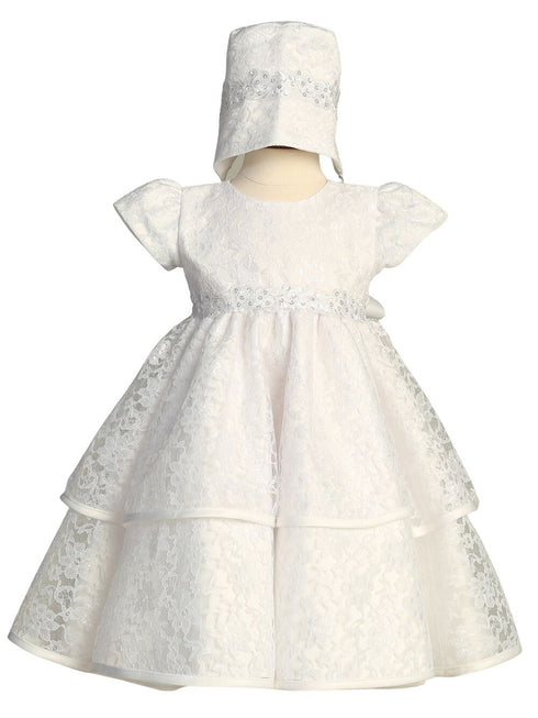 Baby Girls White Lace Embroidered Sequin Organza Trim Bonnet Tiffany Baptism Gown 0-18M - SophiasStyle.com