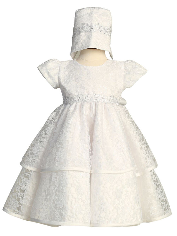 Baby Girls White Lace Embroidered Sequin Organza Trim Bonnet Tiffany Baptism Gown 0-18M - SophiasStyle.com