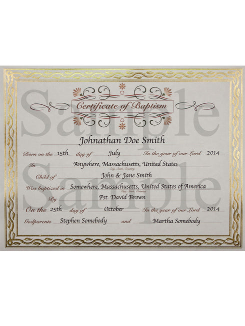 Customized Gold Foil Leafing Border Baptism Certificate - SophiasStyle.com