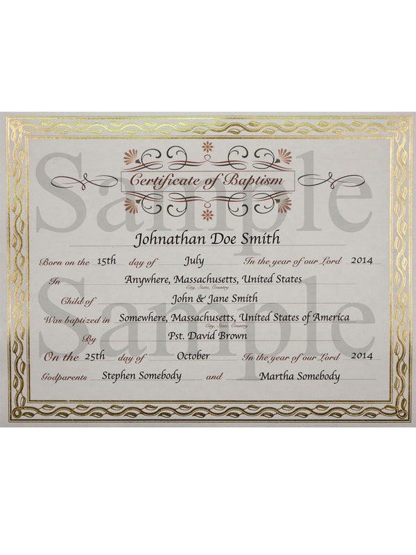 Customized Gold Foil Leafing Border Baptism Certificate - SophiasStyle.com