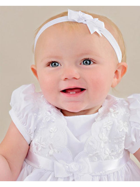 Baby Girls White Satin White Ribbon Flower Sarah Faye Headband - SophiasStyle.com