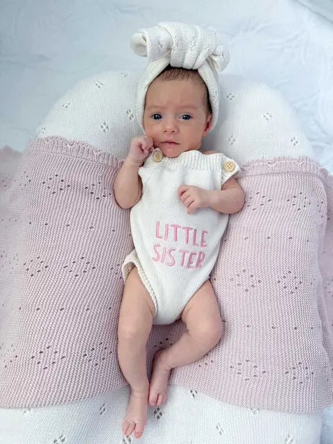 newborn-knit-romper-set-hello-world-little-sister-and-little-brother-embroidered-baby-outfit-with-hat-booties-or-headband-soft-coming-home-outfit-Sophia's Style-12