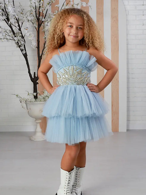 Girls Sky Blue Gold Embroidered Ruffle Tulle Lyli Party Dress 12M-14