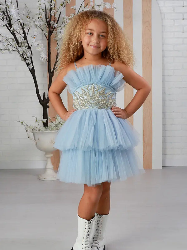 Girls Sky Blue Gold Embroidered Ruffle Tulle Lyli Party Dress 12M-14
