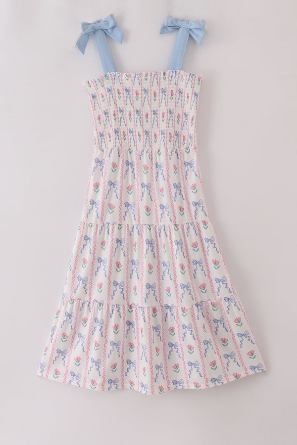 Blue floral bow print smocked mom dress