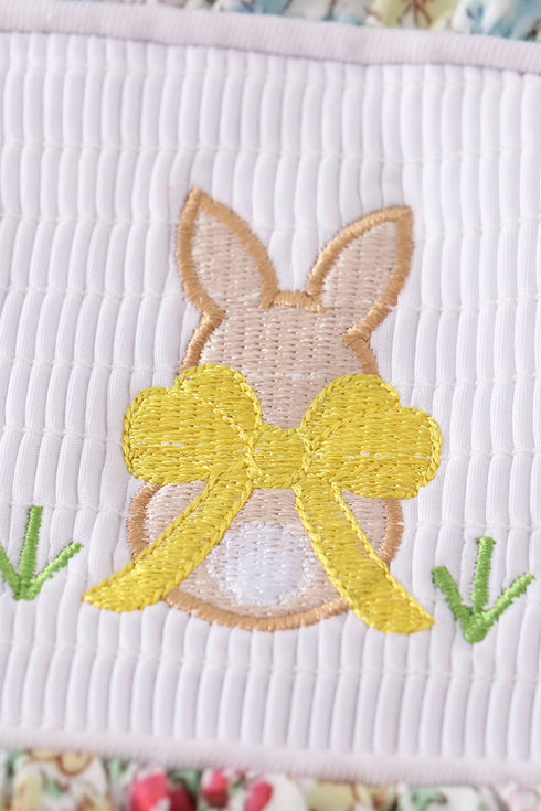 Floral print bunny embroidery smocked girl dress