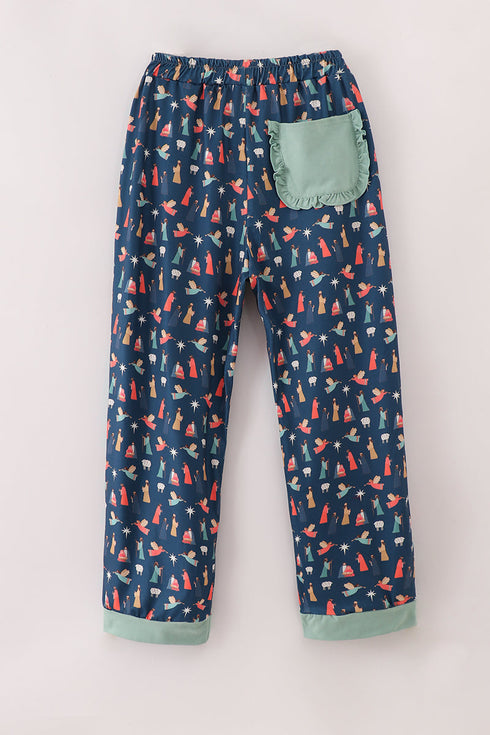 Navy nativity print mom pajamas pants