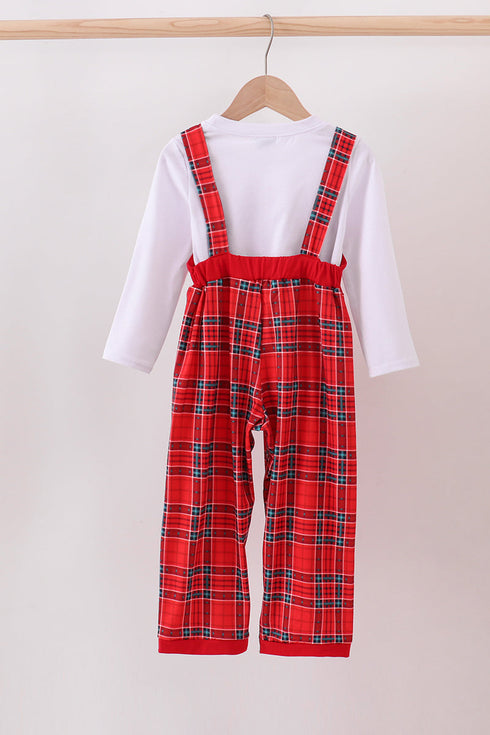 Red tree embroidery plaid jumpsuit set