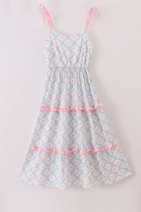 Pink bow print ruffle mom dress