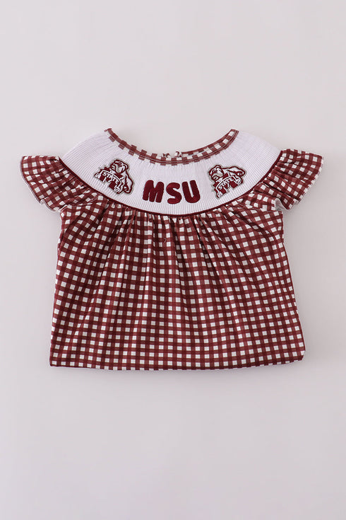 Mississippi MSU embroidery smocked gingham dress