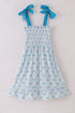 Blue floral bow tie strap mom dress