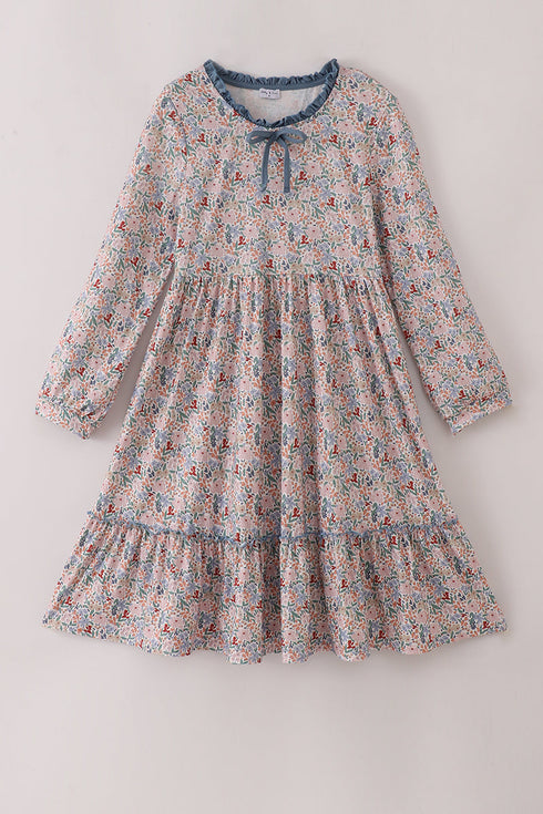 Blue floral print ruffle mom dress