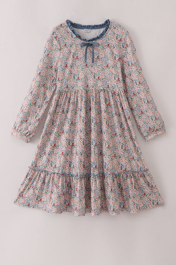 Blue floral print ruffle mom dress