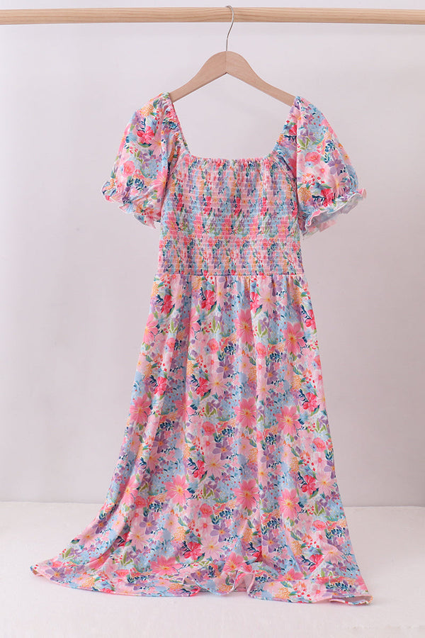 Purple floral smocked women dress