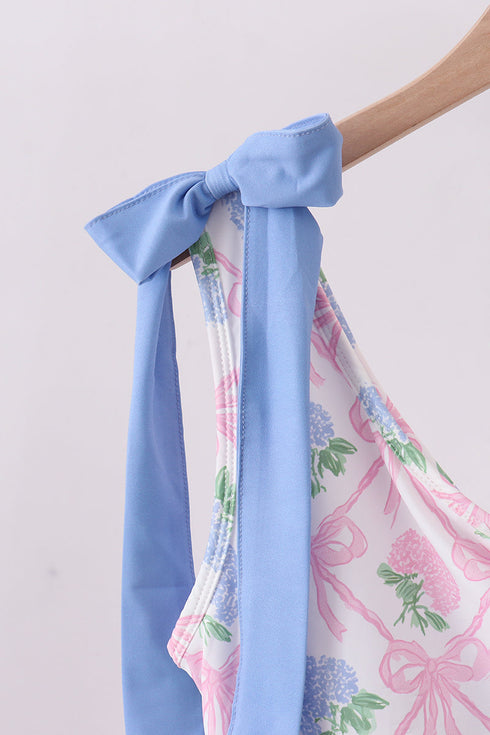 Blue bow floral women swimsuit