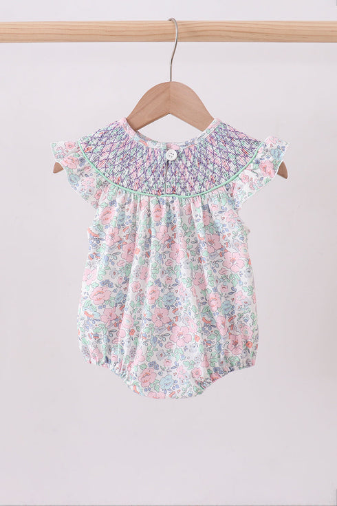 Green Floral Smocked Bubble