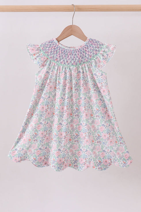 Green Floral Smocked Dress