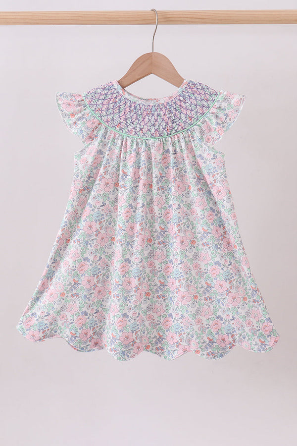 Green Floral Smocked Dress