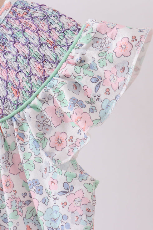 Green Floral Smocked Dress