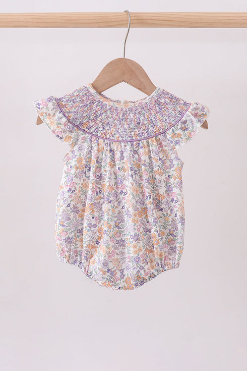 Purple Floral Smocked Ruffle Bubble