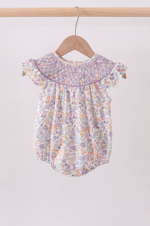 Purple Floral Smocked Ruffle Bubble