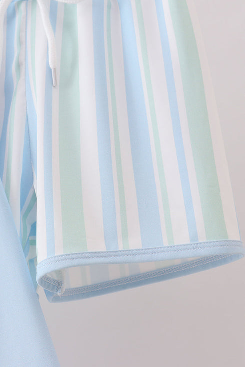 Blue character embroidery stripe long sleeve swimsuit