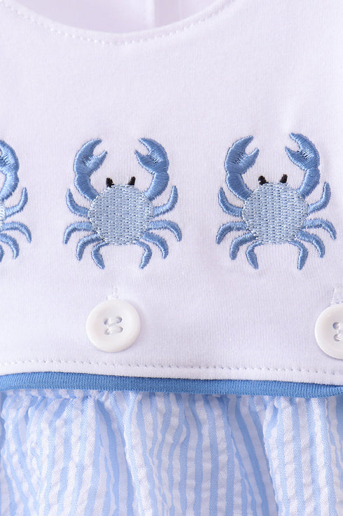 Blue Crab Embroidered Seersucker Bubble