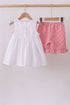 Pink flag smocked ruffle shorts set