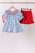 Blue bow smocked ruffle shorts set
