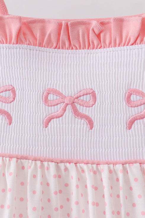 Pink bow smocked dot ruffle dress