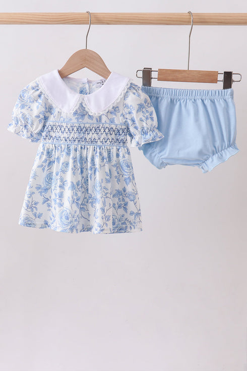 Blue rose smocked bloomer set