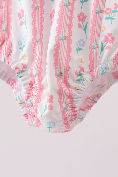 Blush floral print ruffle bow swimsuit