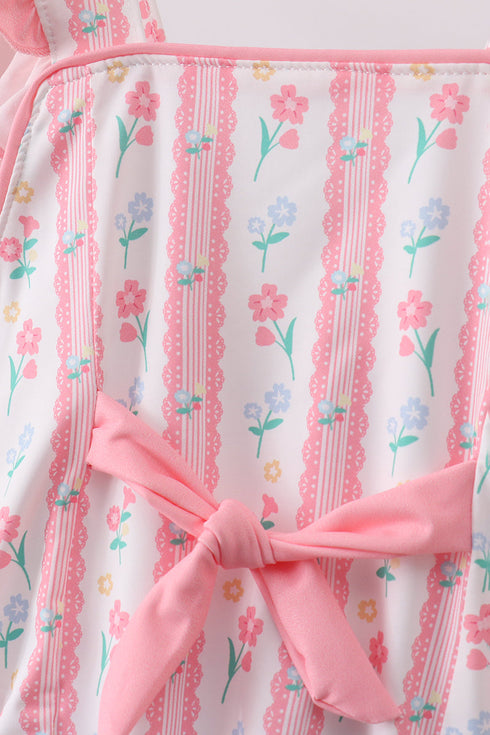 Blush floral print ruffle bow swimsuit