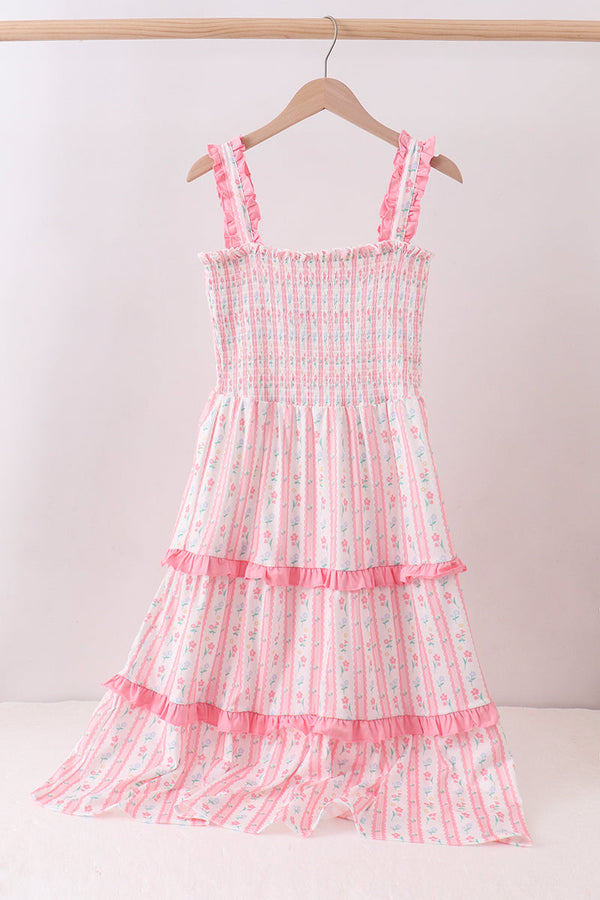 Blush floral smocked tiered dress
