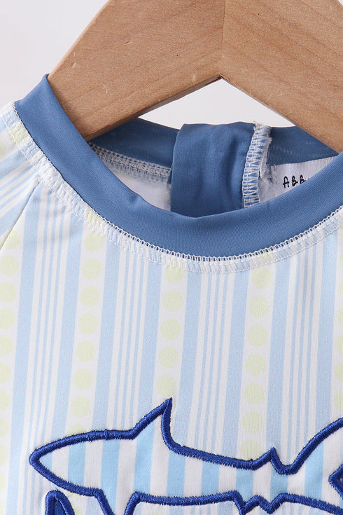 Blue shark applique stripe swimsuit