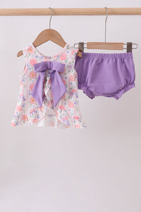 Purple rose bow smocked ruffle bloomer set