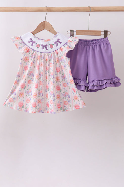 Purple rose bow smocked ruffle shorts set