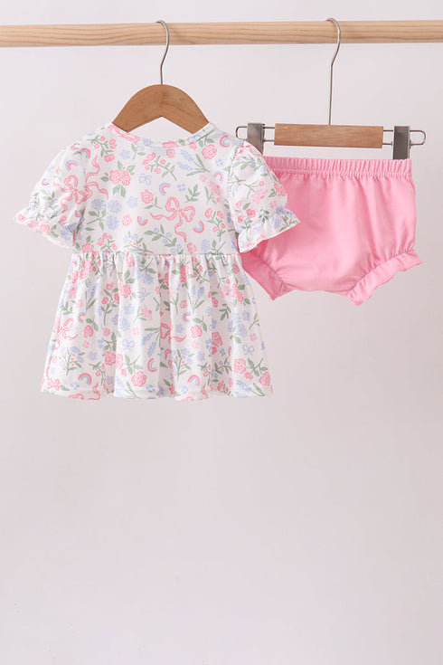 Pink floral bow smocked ruffle bloomer set