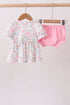 Pink floral bow smocked ruffle bloomer set