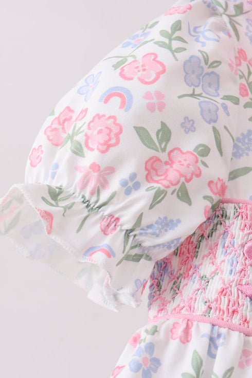 Pink floral bow smocked ruffle bloomer set