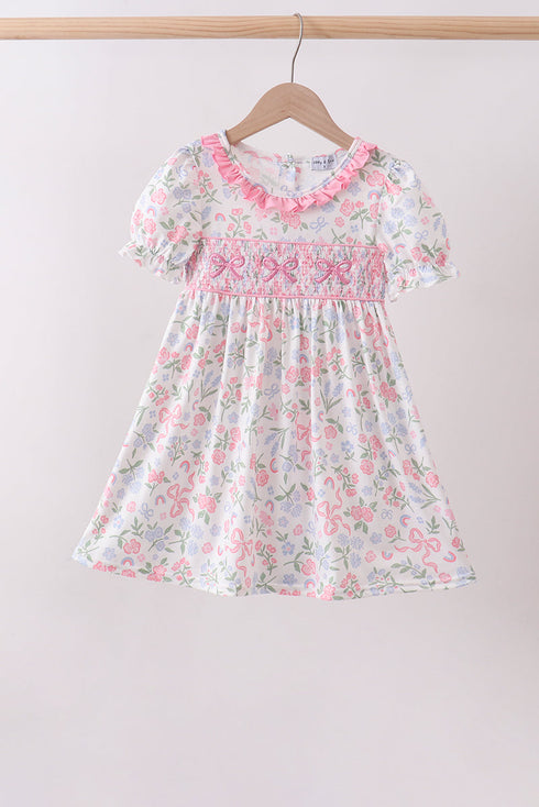 Pink floral bow smocked ruffle dress