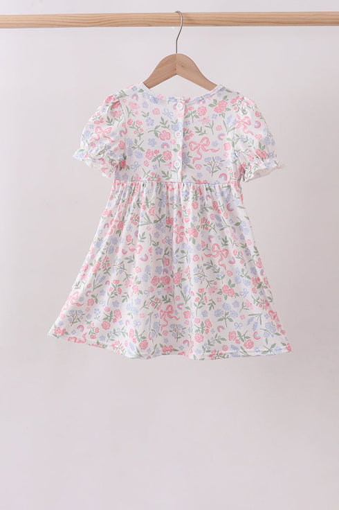 Pink floral bow smocked ruffle dress